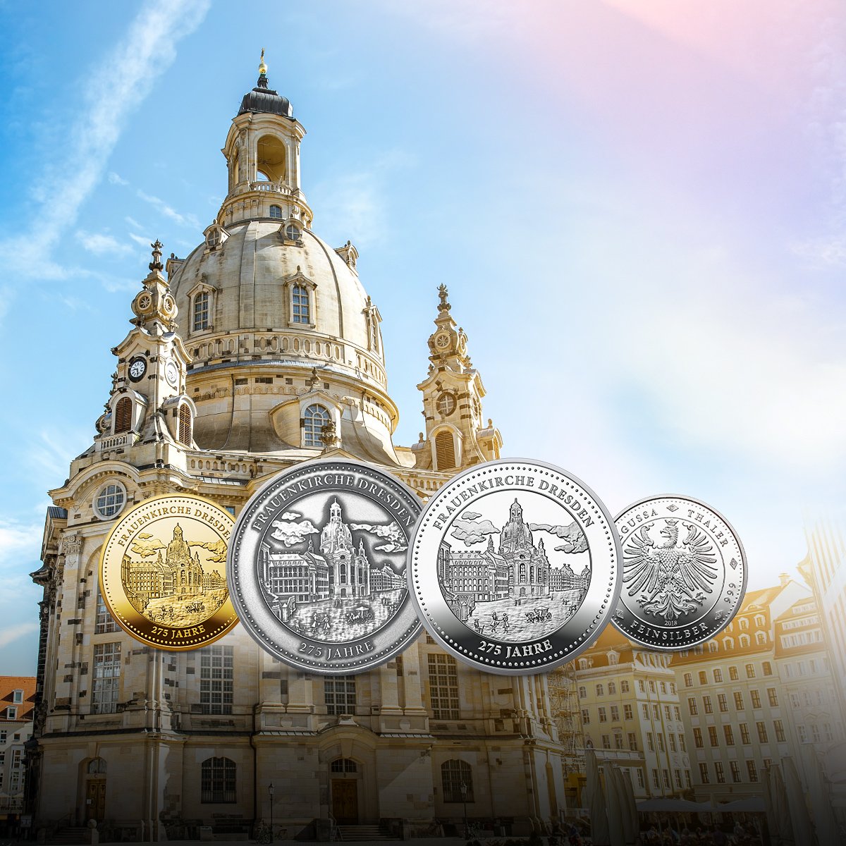 Degussa würdigt 275. Geburtstag der „Dresdner Frauenkirche“ mit Thaler aus Gold und Silber